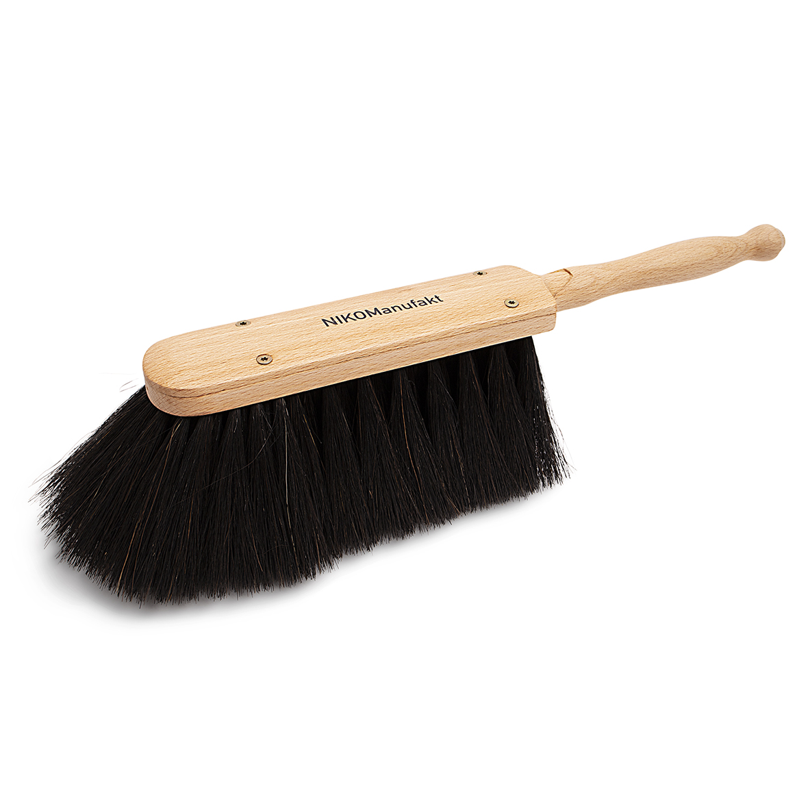 Handfeger mit gedrechseltem Holzgriff und schwarzen Borsten.